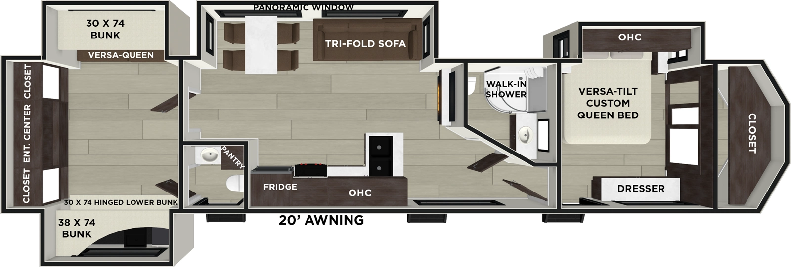 The Wildwood Lodge 42QBQ has two entries and four slide outs. Exterior features include: metal or fiberglass exterior, 20' awning and outside kitchen. Interiors features include: bunk beds, free-standing dinette option and front bedroom.